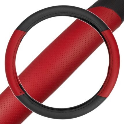 SW-603-RD: TWO TONED PERFORATED FAUX LEATHER STEERING WHEEL COVER - BLACK/RED - BDK USA